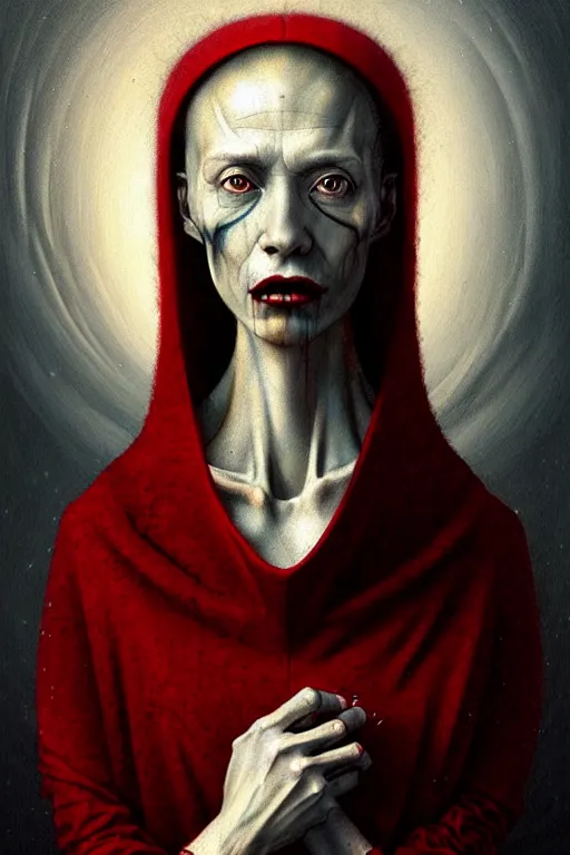 Image similar to hieronymus bosch, greg rutkowski, anna podedworna, painting of a beautiful vampire with red hair in a white woollen turtleneck dress