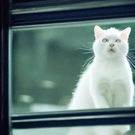 Prompt: A beautiful photo of a white cat looking out of the window at night,It has blue eyes , Photography , Long-range shots