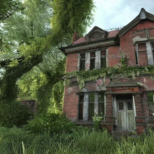 Image similar to outside a derelict victorian house, garden in front of house is overgrown and walls are crumbling down, moss and ivy cover the walls ray traced unreal 5, ultra details