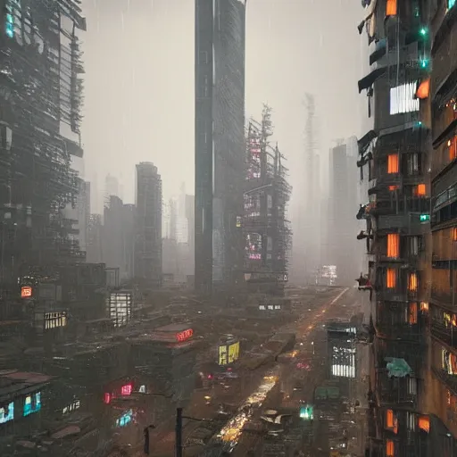 Prompt: a giant skyscraper amidst a slum, raining, cyberpunk style, photorealistic, bird's eye view