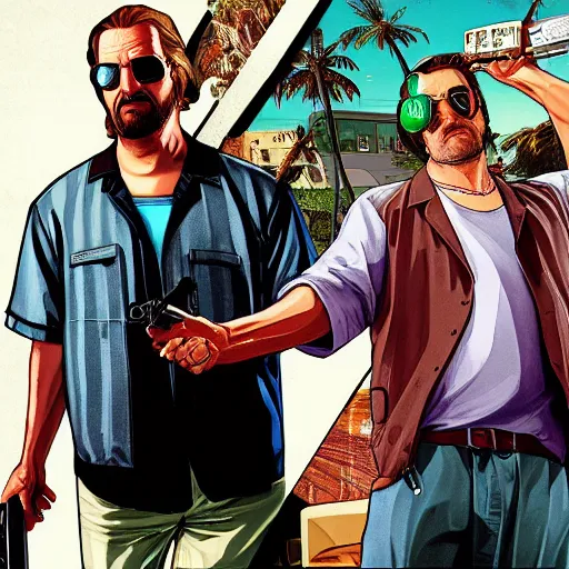 Image similar to GTA 5 illustration loading screen art of The Dude in The Big Lebowski (1998)