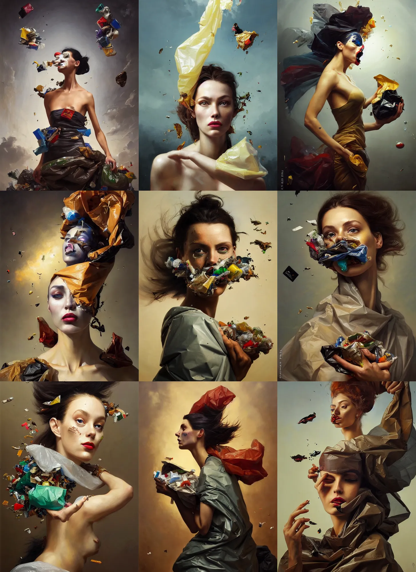 Prompt: fine art portrait oil painting of a beautiful woman with garbage flying into her face, wearing a plastic garbage bag, perspective, ultra detailed, elegant, intricate, dynamic lighting, hyperrealism, sharp focus, art by peter mohrbacher and stefan kostic and andrei riabovitchev