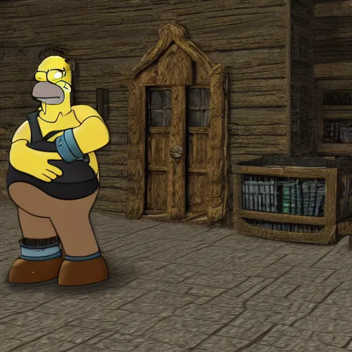 Prompt: homer simpson as an npc in skyrim, the elder scrolls video game screenshot