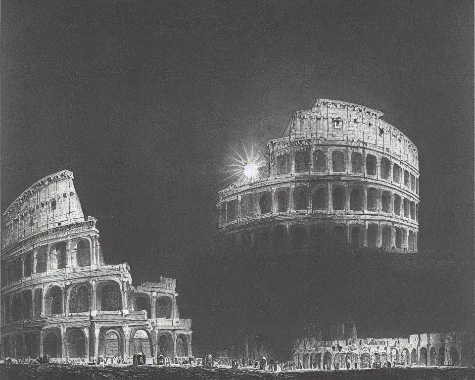 Image similar to beautiful print of the Colosseum bathed in moonlight by Hasui Kawase and Lyonel Feininger.