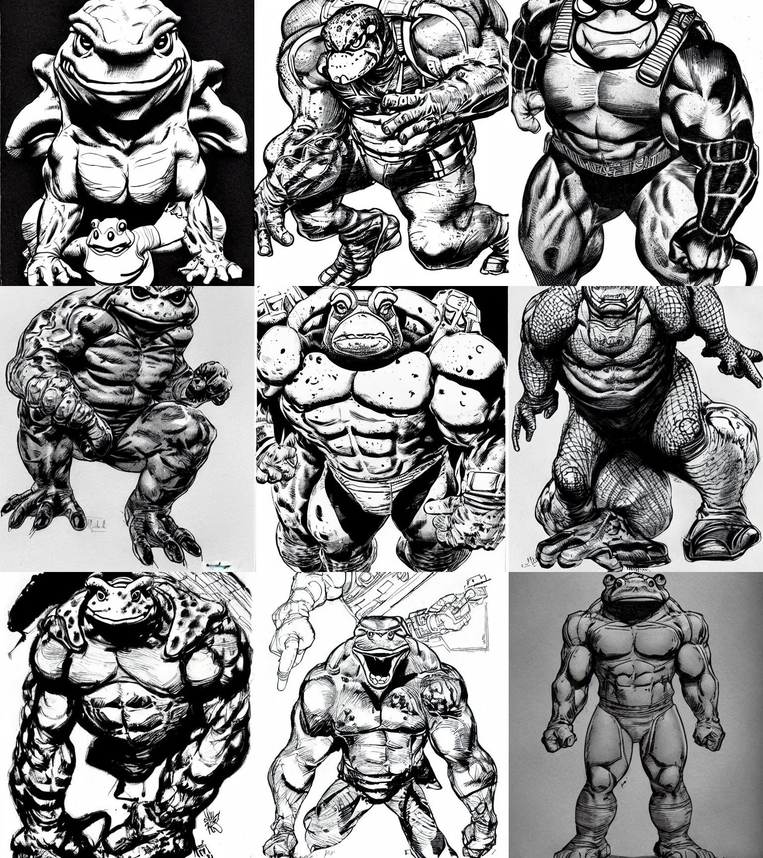 Prompt: toad animal!!! jim lee!!! medium shot!! flat grayscale ink sketch by jim lee close up in the style of jim lee, cyborg hunter hulk toad animal looks at the camera by jim lee