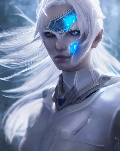 Image similar to perfect white haired girl, warframe armor, beautiful, pretty face, blue eyes, detailed, windy weather, scifi, platform, laboratory, experiment, 4 k, ultra realistic, epic lighting, high detail, masterpiece, by akihito tsukushi, charlie bowater, ross tran