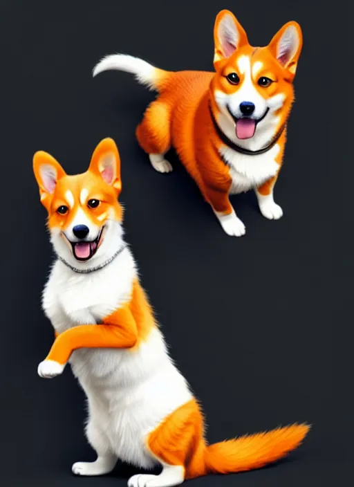 Image similar to an orange corgi playing with a tuxedo cat, ultra definition, photoreal, artstation, unreal engine rendered, concept art, smooth, sharp focus, illustration, art by artgerm and greg rutkowski and alphonse mucha and garis edelweiss