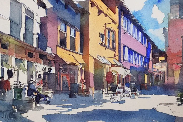 Image similar to !! watercolor!! townsquare in a sunny day, artwork by tooth wu, colorful high contrast,!! very coherent!!, dark shadow, thick lineart