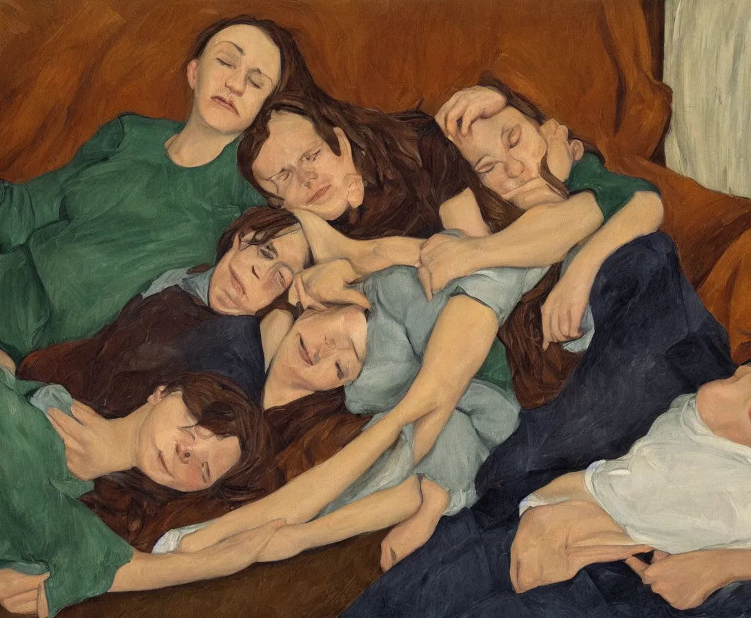 Image similar to portrait of bella and esther lying horizontal cuddling, in an old english apartment on a brown leather sofa. one is wearing a dark blue sweather, the other a white shirt. brown hair, they are looking into the camera. close up. in the style of lucien freud. oil painting. green mood. smiling