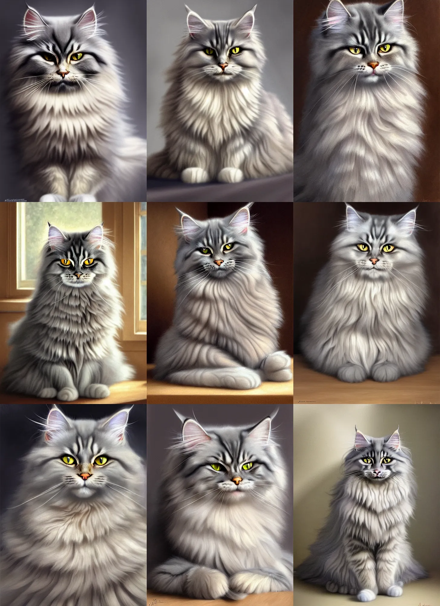 Prompt: gray Siberian cat making biscuits in a kitchen, intricate, elegant, highly detailed, lifelike, photorealistic, digital painting, artstation, illustration, concept art, smooth, sharp focus, art by John Collier and Albert Aublet and James jean and Brian froud and ross tran and Artem Demura and Alphonse Mucha