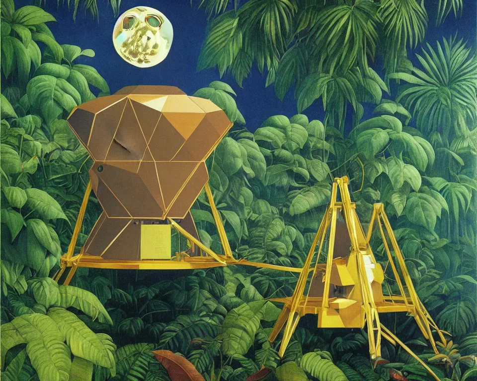 Image similar to an achingly beautiful print of the lunar module in the middle of a tropical rainforest by Raphael, Hopper, and Rene Magritte. detailed, romantic, enchanting, trending on artstation.