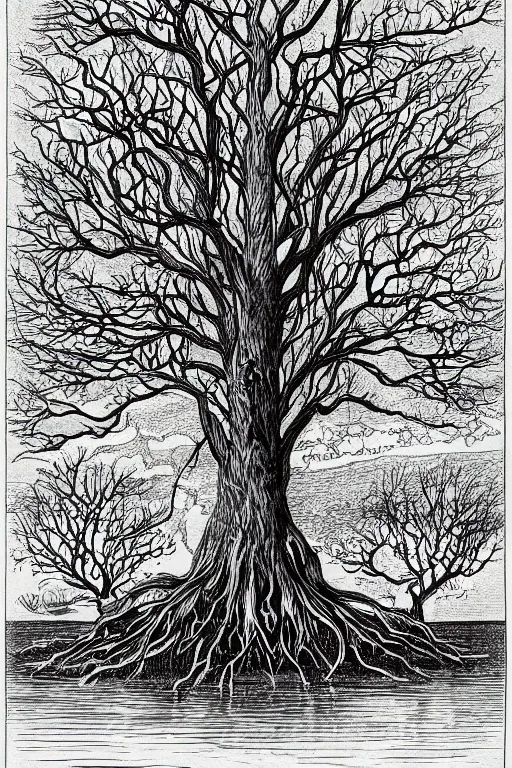 Prompt: a drawing of a tree with its roots in the water, an illustration of by edgar schofield baum, haeckel and alasdair gray, featured on deviantart, ecological art, photoillustration, fractalism, storybook illustration