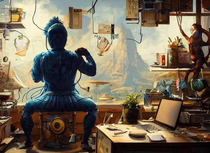 Image similar to an insanely detailed painting of an asian man wearing a homemade superhero costume, sitting at a desk, staring seriously at the computer and typing, in the style of peter mohrbacher, james jean, artgerm, dramatic lighting and composition, surreal background, octane render, pixar, trending on artstation, concept art, comic book, view from behind, 8 k