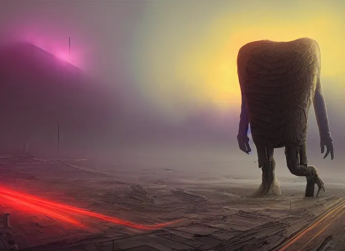 Prompt: large android like creature appearing through the fog which half covers a futuristic city. explosions, ultra wide angle, panoramic, colourful painting, detailed art by stephen martiniere, 8 k resolution