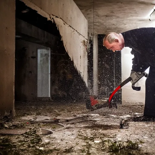 Image similar to putin with a chainsaw and a corpse. in a concrete bunker. focus on putins face with blood splatters. canon eos r 3, f / 1. 4, iso 1 6 0 0, 1 / 8 0 s, 8 k, raw, grainy