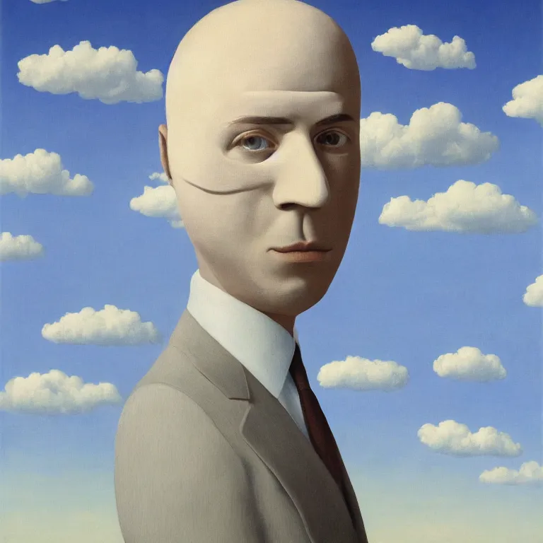 Image similar to portrait of a faceless white masked - head man in a suit, clouds and nature landscape in the background, by rene magritte, detailed painting, distance, centered, hd, hq, high resolution, high detail, 4 k, 8 k