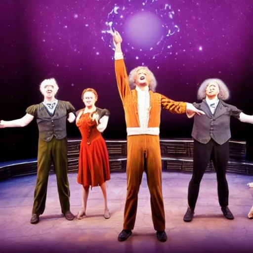 Prompt: quantum physics the musical on broadway, with isaac newton, albert einstein, the apple and the moon