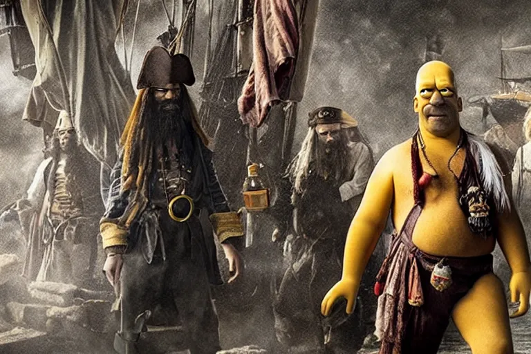 Image similar to promotional image of Homer Simpson as a pirate in the new Pirates of the Carribean movie, realistic, detailed face, movie still frame, promotional image, imax 70 mm footage