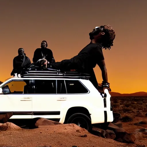 Image similar to kanye west performing a live concert on top of a moving car in the middle of a desert