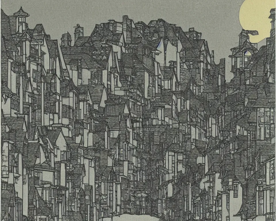 Prompt: achingly beautiful print of a street lined with townhouses bathed in moonlight by Hasui Kawase and Lyonel Feininger.