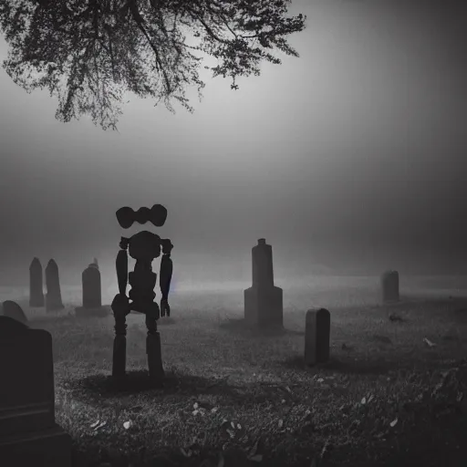 Image similar to A Skelton dancing in a grave yard, gloomy, dark, night time, foggy, dark colored, atmospheric