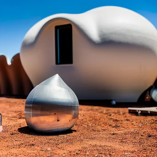 Image similar to mobile drone 3d printer, giant extrusion nozzle printing an earthship house frame in the australian desert, XF IQ4, 150MP, 50mm, F1.4, ISO 200, 1/160s, dawn