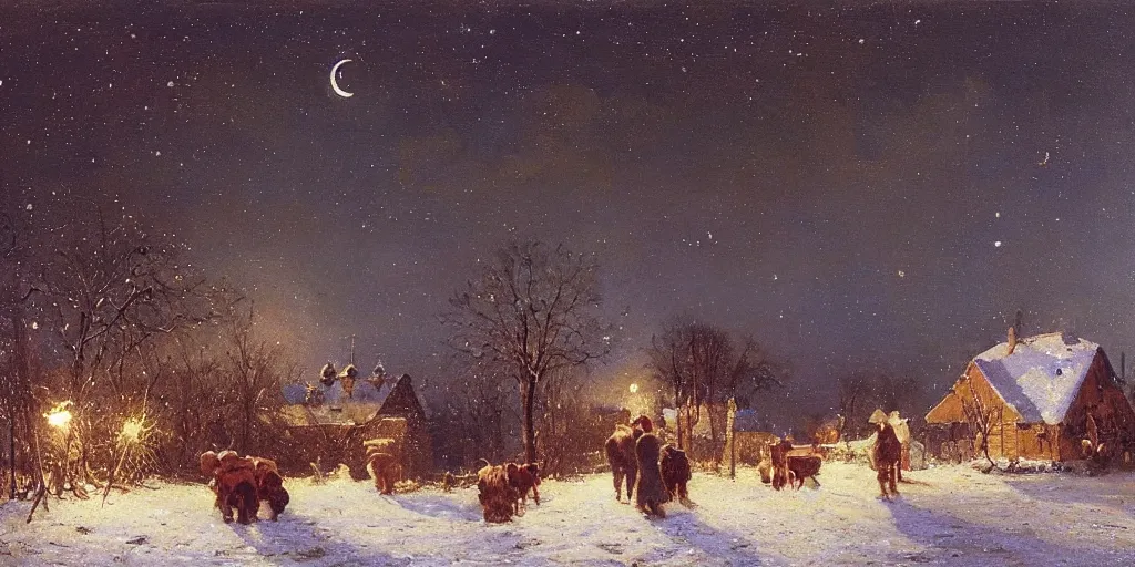 Image similar to a scene of a small rural russian village at night, stars, moon, wintertime, painting by nikolay makovsky