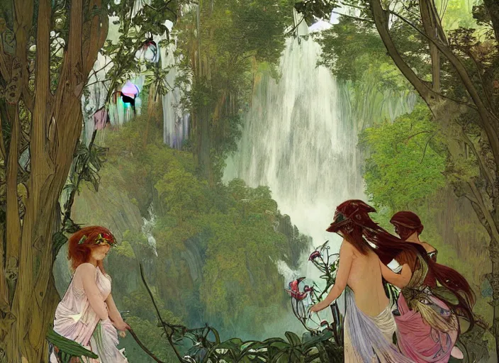 Image similar to bird's eye view, magical forest with a waterfall, lush trees, three fairies dancing around a maypole, magical, vivid colors, rule of thirds, a fantasy digital painting by alphonse mucha and john william waterhouse, trending on artstation, highly detailed, sharp lines