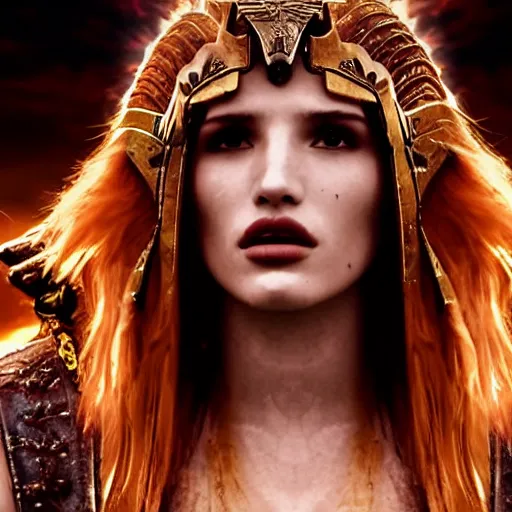 Image similar to bella thorne as the powerful goddess of war in her throne, ground mist, cinematic