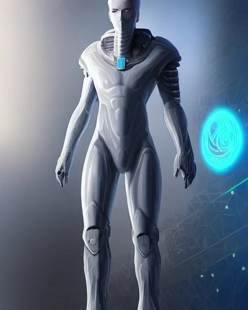 Image similar to perfect white haired egyptian male god, brute, fantasy nanosuit powered exosuit neon skin armor, beautiful, symmetric, dreamy, half african, ancient, charlize theron, detailed, scifi platform, laboratory, experiment, 4 k, ultra realistic, epic lighting, android body, illuminated, cinematic, masterpiece, art by akihito tsukushi, voidstar