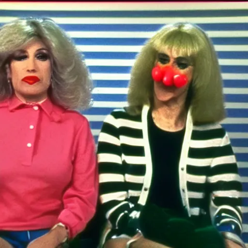 Image similar to 1982 twin women on tv talk show wearing an inflatable long prosthetic snout nose soft color wearing stripes 1982 color film archival footage 16mm John Waters Russ Meyer Almodovar Doris Wishman