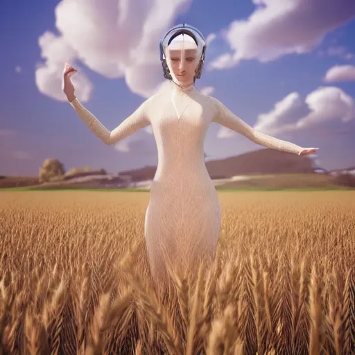 Prompt: epic professional fashion photoshoot in the wheat field, futuristic digital clothing, natural lighting, unreal engine render, 8 k, detailed, intricate, detailed, best on artstation, cgsociety, epic, stunning, gorgeous, much wow, cinematic, masterpiece.