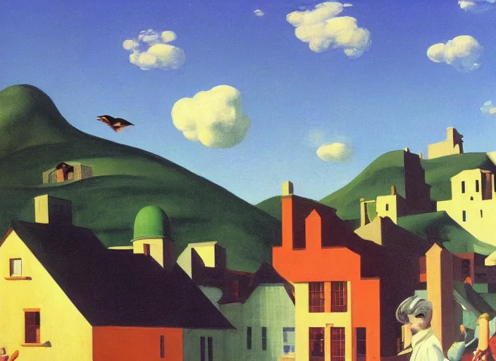 Image similar to alpine village, clouds, bird, open ceiling, strange foreign objects, oil painting by edward hopper, chirico and rene magritte