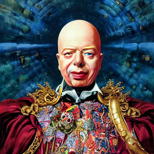 Prompt: realistic detailed image of Klaus Schwab dressed as Emperor Napoleon, wearing extremely intricate clown makeup, by Ayami Kojima, Amano, Karol Bak, Greg Hildebrandt, and Mark Brooks, tonalism, rich deep colors. Beksinski painting, art by Adrian Ghenie and Gerhard Richter. art by Takato Yamamoto. masterpiece