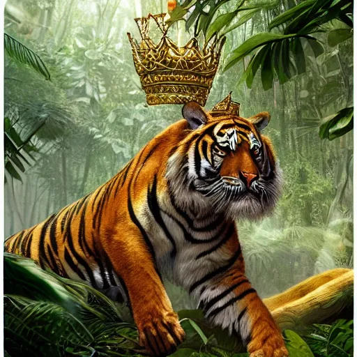 Image similar to a very high detailed tiger crossed with a muscular human body, wearing a very detailed golden kings crown, tattoo on shoulder, in a highly detailed jungle, full body, majestic, symmetric, Golden crown, crown on head, digital art, concept art, greg rutkowski, Nikolai Karelin, Hou China, trending artstation