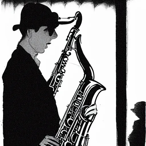 Image similar to saxophone player in a jazz cafe in tokyo by bernie wrightson