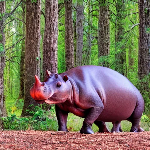 Image similar to a happy hippopotamus in a forest of cedar trees, realistic, photograph, high quality