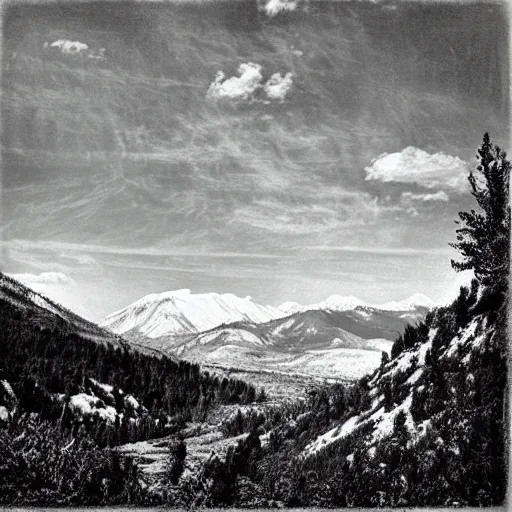 Image similar to “photograph of a mountain valley full of dinosaurs, by Ansel Adams, high contrast, old photo, vignette”