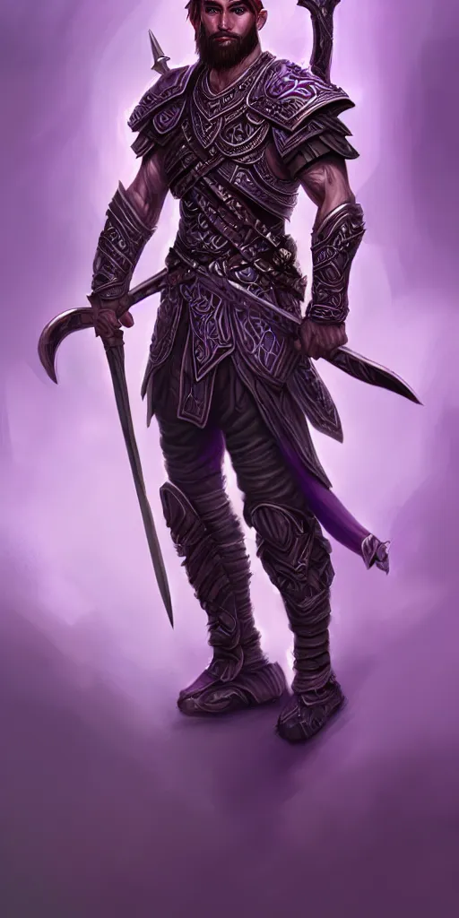 Image similar to male warrior, intricate purple full plate, rpg d&d, fantasy, intricate, elegant, highly detailed, digital painting, artstation, concept art, smooth, sharp focus, illustration