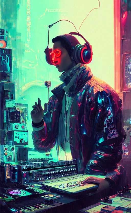 Prompt: detailed portrait of a music producer in his studio lab, neon operator, cyberpunk futuristic neon, reflective puffy coat, decorated with traditional japanese ornaments by ismail inceoglu dragan bibin hans thoma greg rutkowski alexandros pyromallis nekro rene maritte illustrated, perfect face, fine details, realistic shaded, fine - face, pretty face