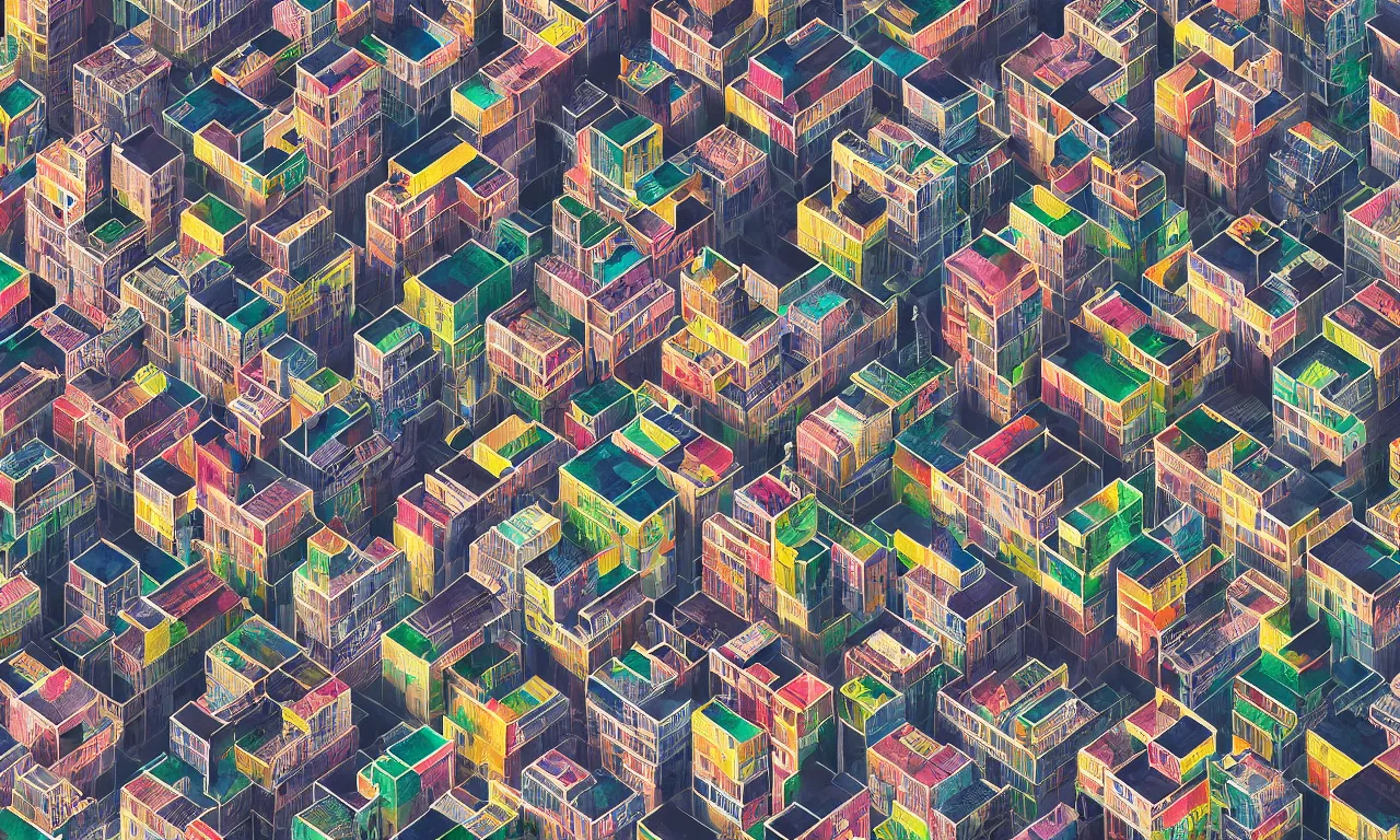 Prompt: closeup birdview, tetris blocks as copenhagen roofs, wizard writes a book, nordic pastel colors, abandoned railroads, 3 d art, digital illustration, perfect lighting