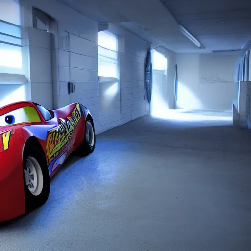 Image similar to lightning mcqueen ray - tracing render, unreal engine, 3 d, atmospheric light, godrays, award - winning, maya, blender