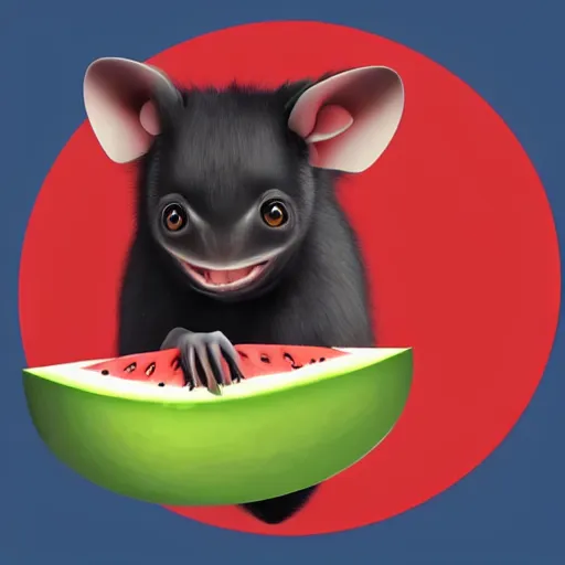 Prompt: cute kawaii realistic fruit bat eats a watermelon piece, digital art, vector illustration, shutterstock, high quality, illustration, art, detailed, 3 d render, sticker,