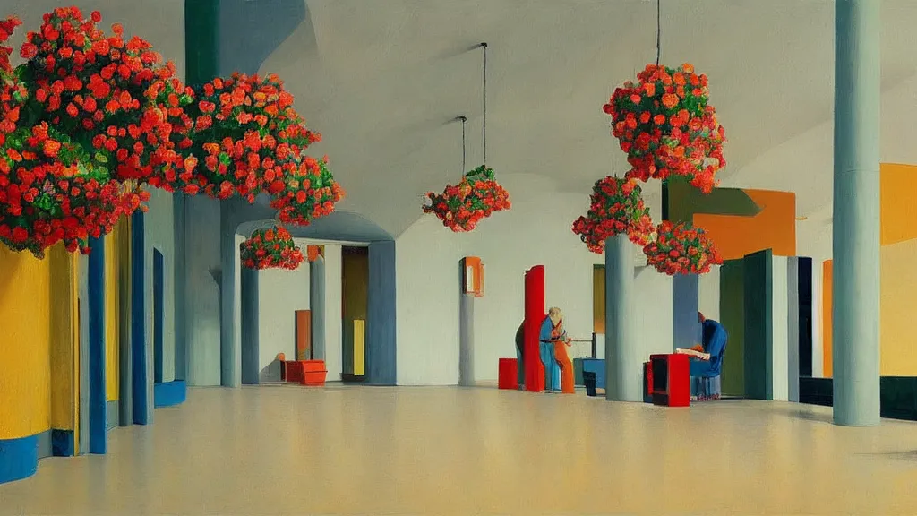 Image similar to colorful minimalist industrial interior hallway with monolithic pillars in the style of ridley scott and stanley kubrick, impossible stijl architecture, bed of flowers on floor, ultra wide angle view, realistic detailed painting by edward hopper