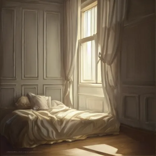 Prompt: cream - colored room, vanilla - colored lighting, soft golden light, marble room, marble slabs, bare room, empty room, studio room, window to night time, night time, warm lighting inside, art by artgerm