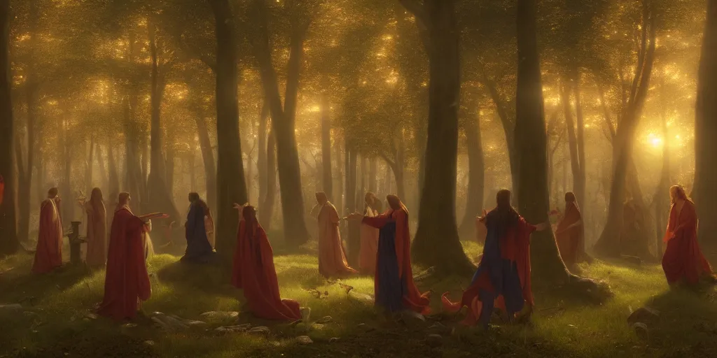 Image similar to masterpiece ephemeral demons, vampires and witches dancing in the woods at dusk, edmund leighton, majestic, volumetric lighting, photorealistic, intricate, trending on artstation 8 k