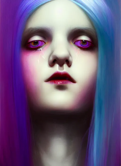 Image similar to hair whitebangs hair, black hair, blackbangswhitehair, portrait of teenage girl with white bangs, red irises, purple clothes, white bangs, bangs are different color from hair, intricate, elegant, glowing lights, highly detailed, digital painting, artstation, concept art, sharp focus, illustration, art by wlop, mars ravelo and greg rutkowski