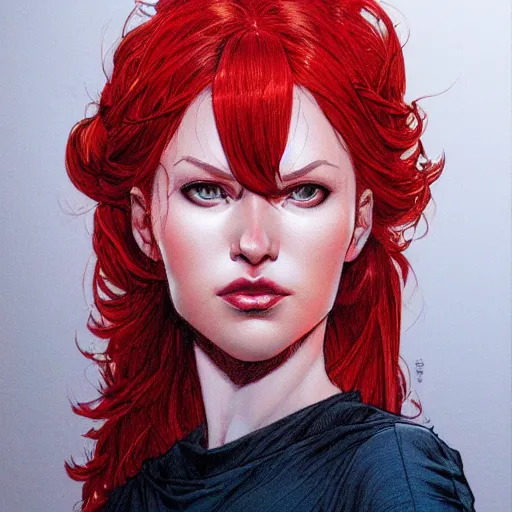 Image similar to a beautiful comic shot artwork portrait of a red-headed woman by Jerome Opeña, featured on artstation