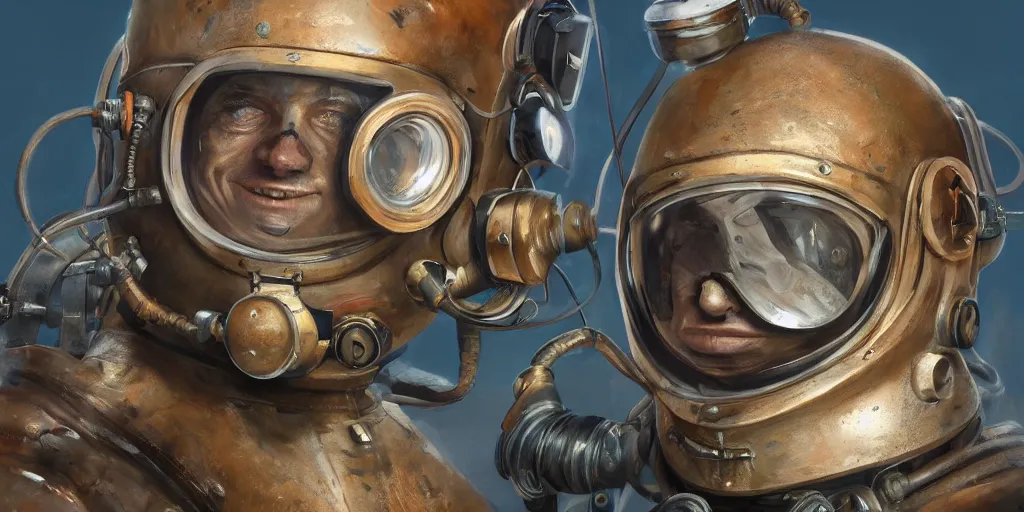 Prompt: highly detailed portrait painting of welder in atmospheric diving suit, perfect symmetrical eyes, by eddie mendoza and tyler edlin, windows, 8 k resolution