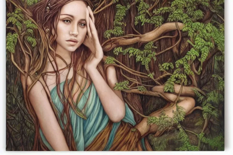 Prompt: a beautiful girl relaxing in the forest by amanda sage, portrait,